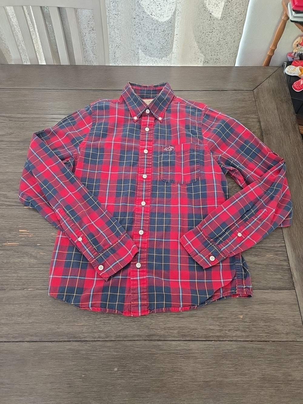 Hollister Mens Red Blue Plaid Flannel Shirt Long Sleeve Button Down Size L Retro